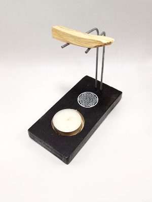 Quemador de palo de santo rectangular negro con soporte metálico y flor de la vida macerox