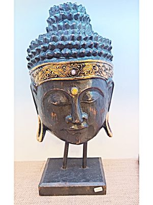 Cabeza de Buda Kuma negra y oro 40cm con soporte decorativo macerox