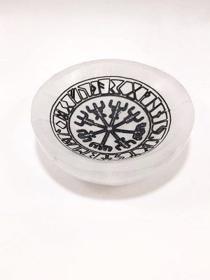 Cuenco de selenita natural 10cm grabado Vegvisir brujula vikinga Macerox