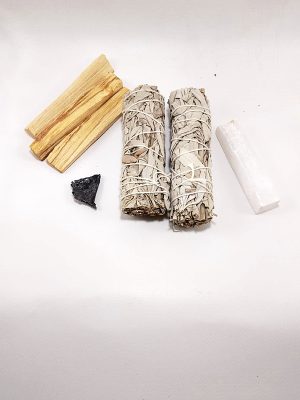 Kit ritual macerox con cianita selenita salvia blanca y palo santo para alineación de chakras