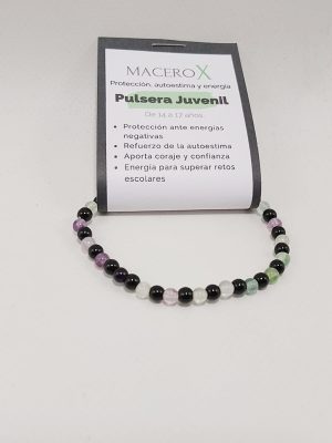 Pulsera protección juvenil de fluorita y ónix 4mm con tarjeta QR audio mantra macerox