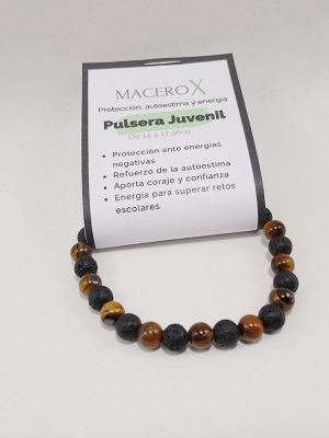 Pulsera protección juvenil de ojo de tigre y lava con tarjeta QR audio mantra macerox