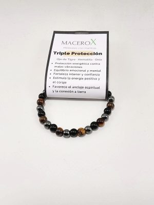 Pulsera triple protección 6mm ojo de tigre hematita y onix protección energética macerox