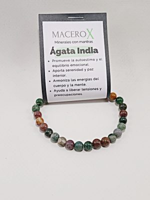 Pulsera de ágata india 6mm tonos verdes y tierra equilibrio emocional macerox