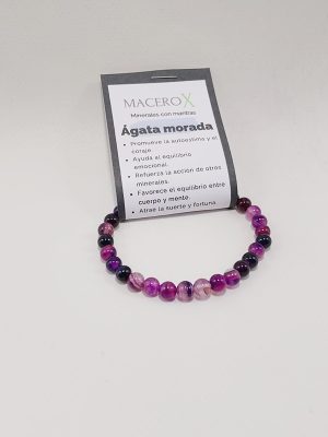 Pulsera de ágata morada 6mm con tarjeta de intención y audio QR macerox