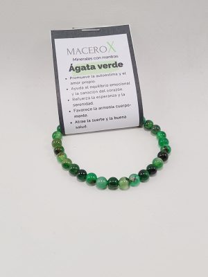 Pulsera de ágata verde 6mm con tarjeta de intención y QR audio mantra macerox
