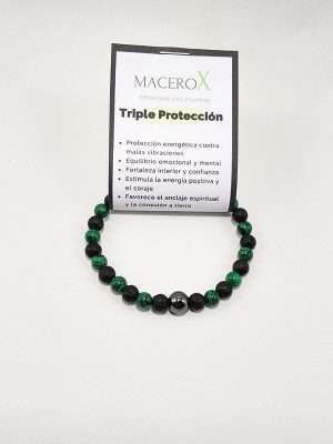 Pulsera triple protección 6mm lava malaquita y hematita protección energética macerox