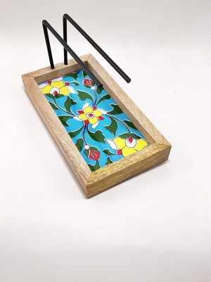 Quemador de palo de santo rectangular con base de madera y azulejo flores amarillas macerox