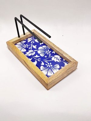 Quemador de palo de santo rectangular con base de madera y azulejo flores azul macerox