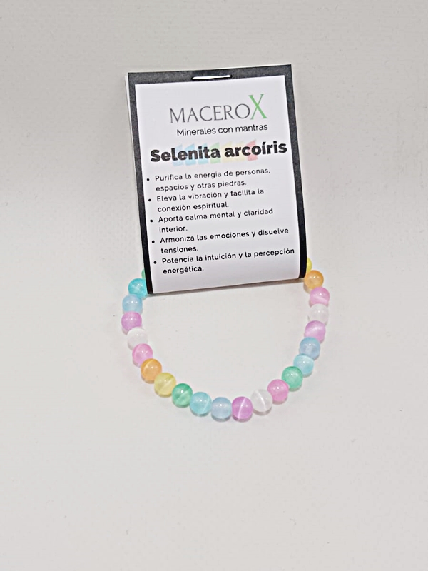 Pulsera de Selenita Arcoíris 6mm – Armonía de Color y Equilibrio Energético Macerox Pulsera de selenita arcoiris 6mm armonia colores macerox