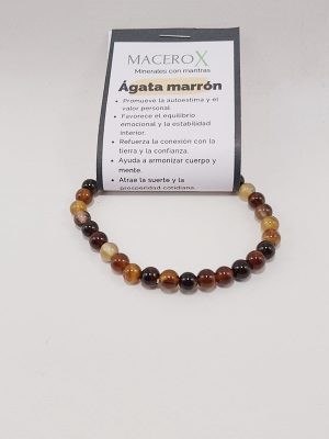 Pulsera de ágata marrón 6mm con tarjeta de intención y QR audio mantra macerox
