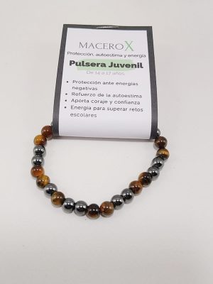 Pulsera protección juvenil de ojo de tigre y hematita con tarjeta QR audio mantra macerox