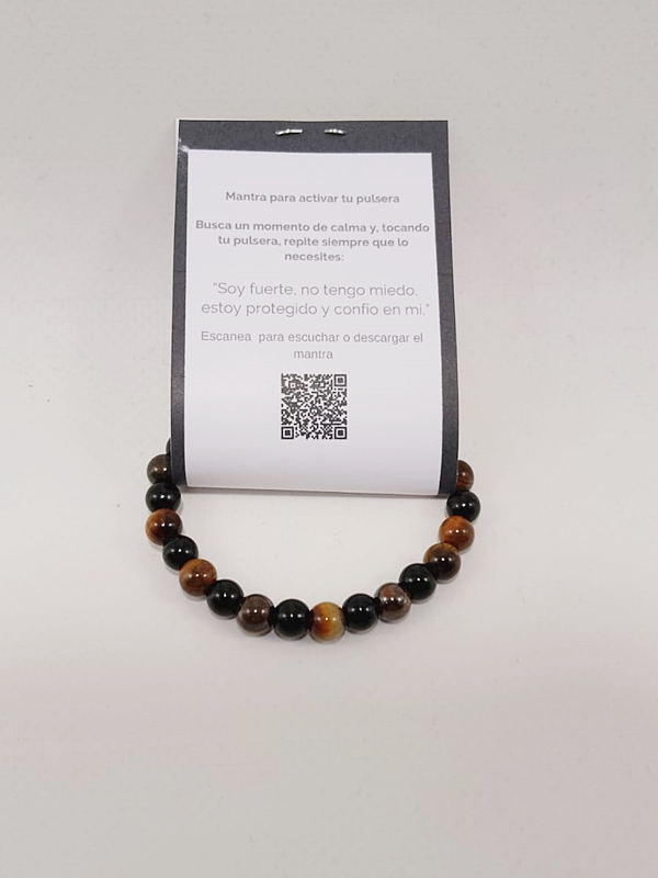 Pulsera protección juvenil de ónix y ojo de tigre con tarjeta QR audio mantra macerox