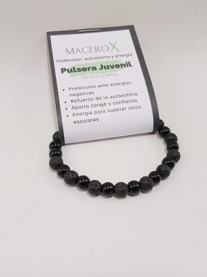 Pulsera protección juvenil de ónix y lava negra con tarjeta QR audio mantra macerox