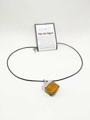 Colgante de ojo de tigre natural en bruto con cordón negro y etiqueta de propiedades macerox